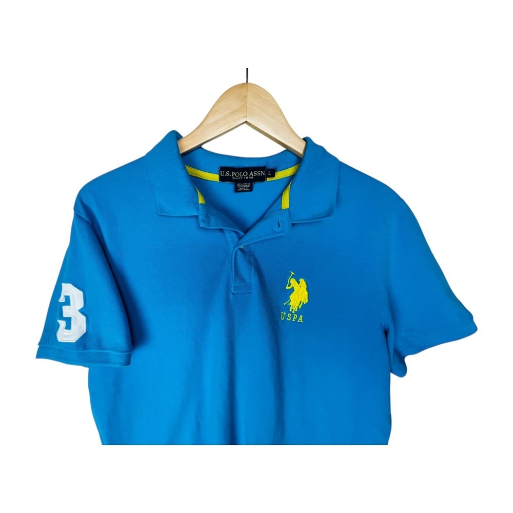 US POLO ASSN Shirt Men L Blue Polo Big Yellow Pony Sleeve #3 USPA READ Preppy